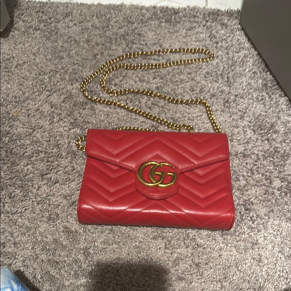 Gucci Red and Gold Quilted Crossbody Bag with Chain Strap